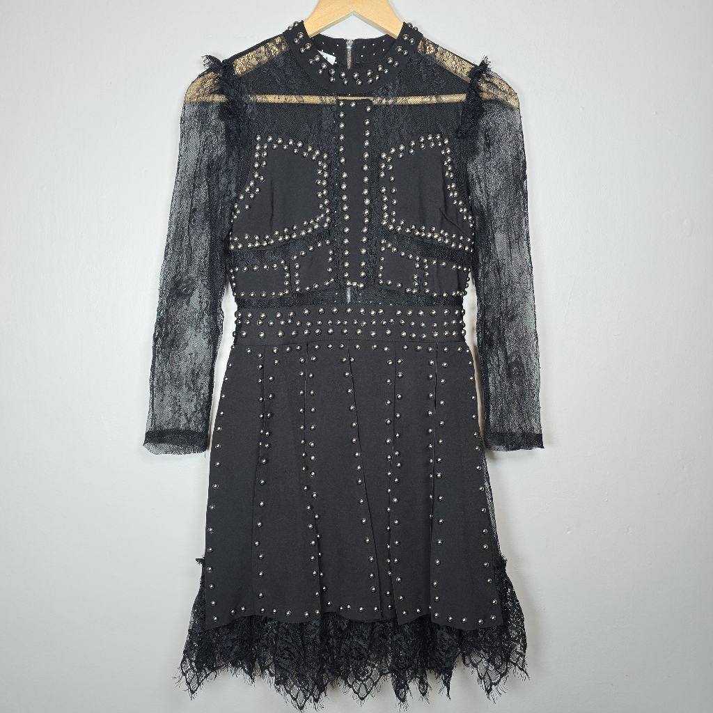 Oolala Black Lace Studded Ruffled Dress Mini Midi Long Sleeves Whimsigoth Lrg